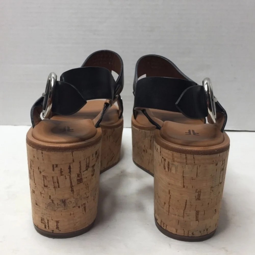 FRYE // dahlia black leather upper rivet detail platform cork wedge sandals